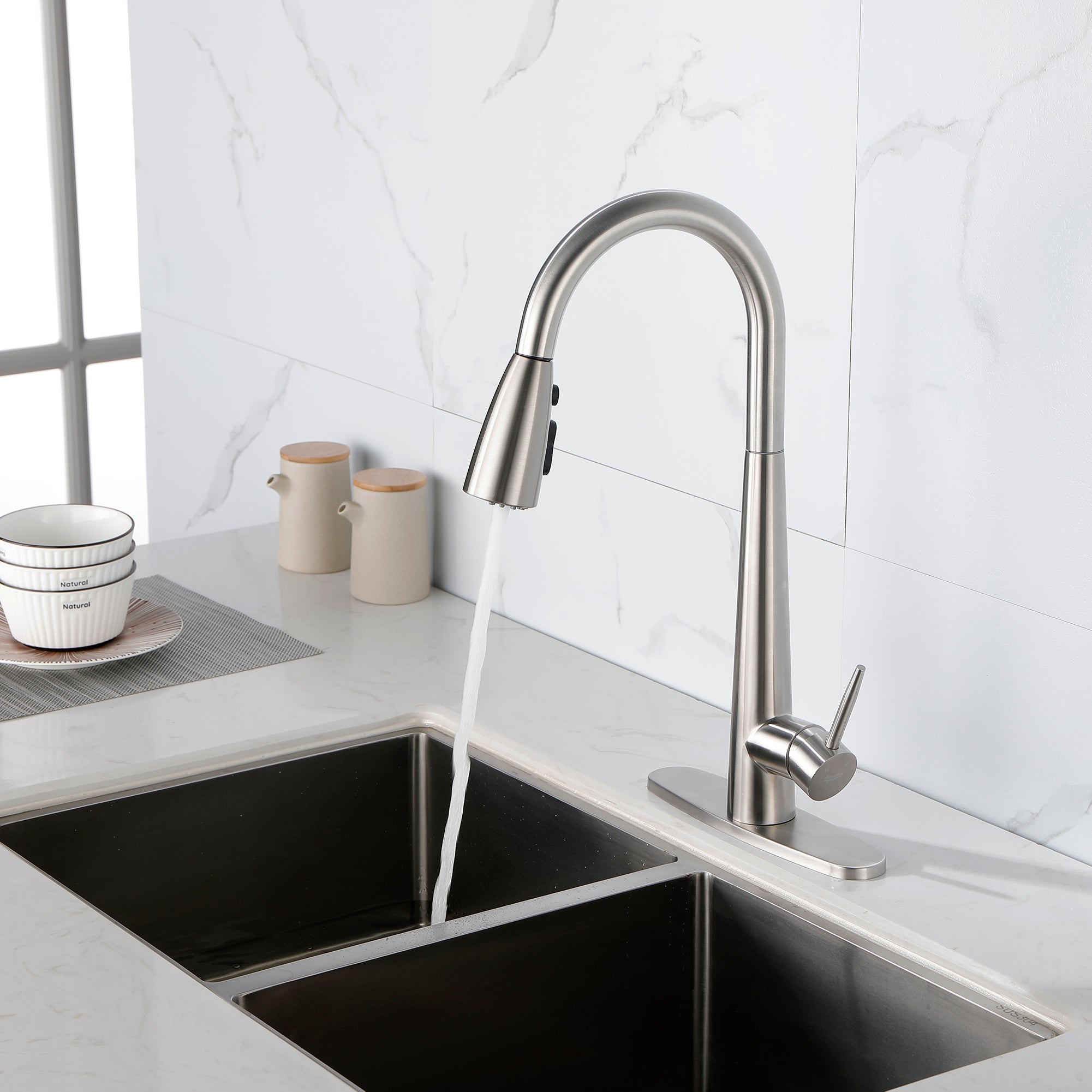 High Curvature Single Handle Kitchen Sink Faucet With Deck, Commercial Modern Stainless Steel Kitchen Faucet