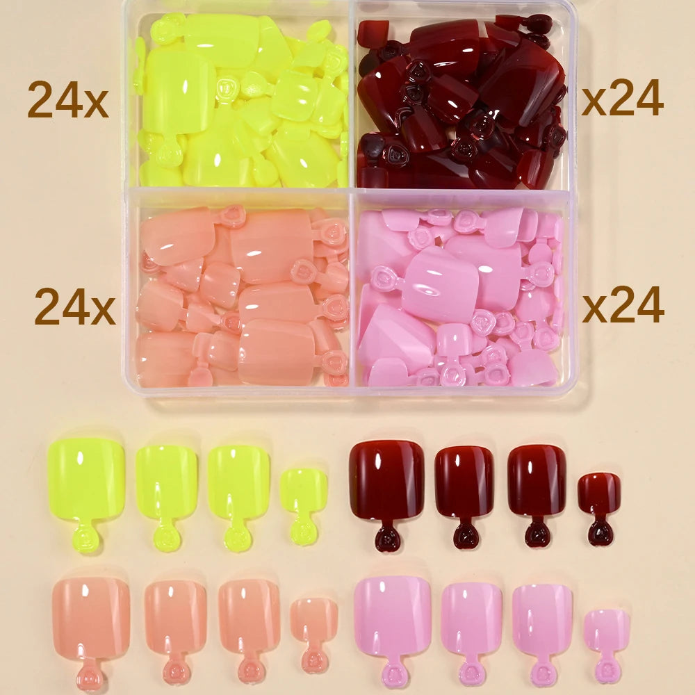 96Pcs/Box French Fake Toenails Butterfly/Flower Design Short Square  Press On Toenail Glossy Full Cover False Toe Nail Extension