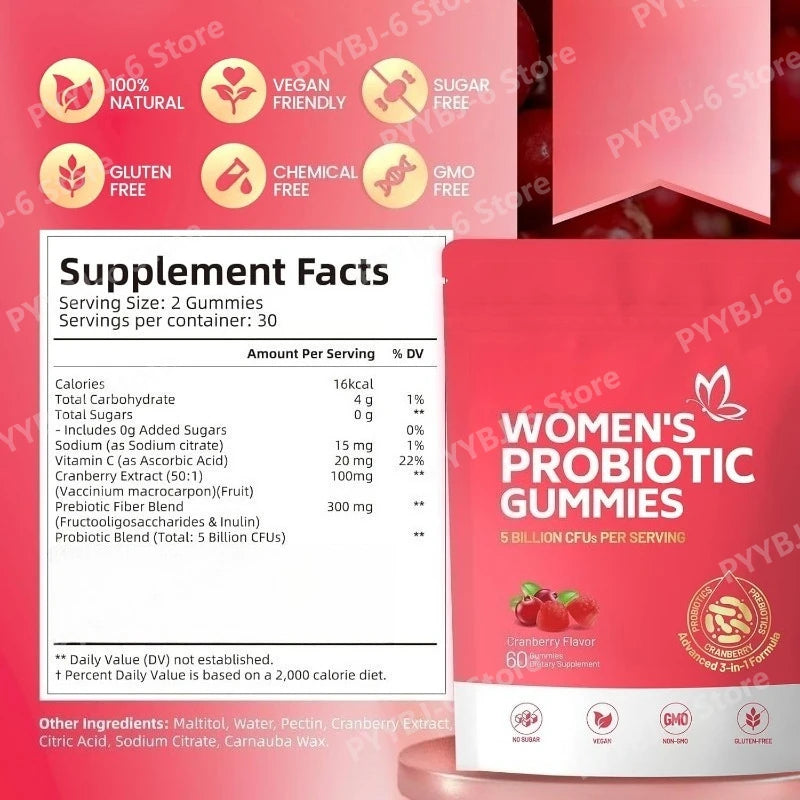 Women's Probiotic Gummies–5 Billion CFUs Cranberry Flavor 60 Gummies Supports Digestive Health & Immune Function Non-GMO Vegan