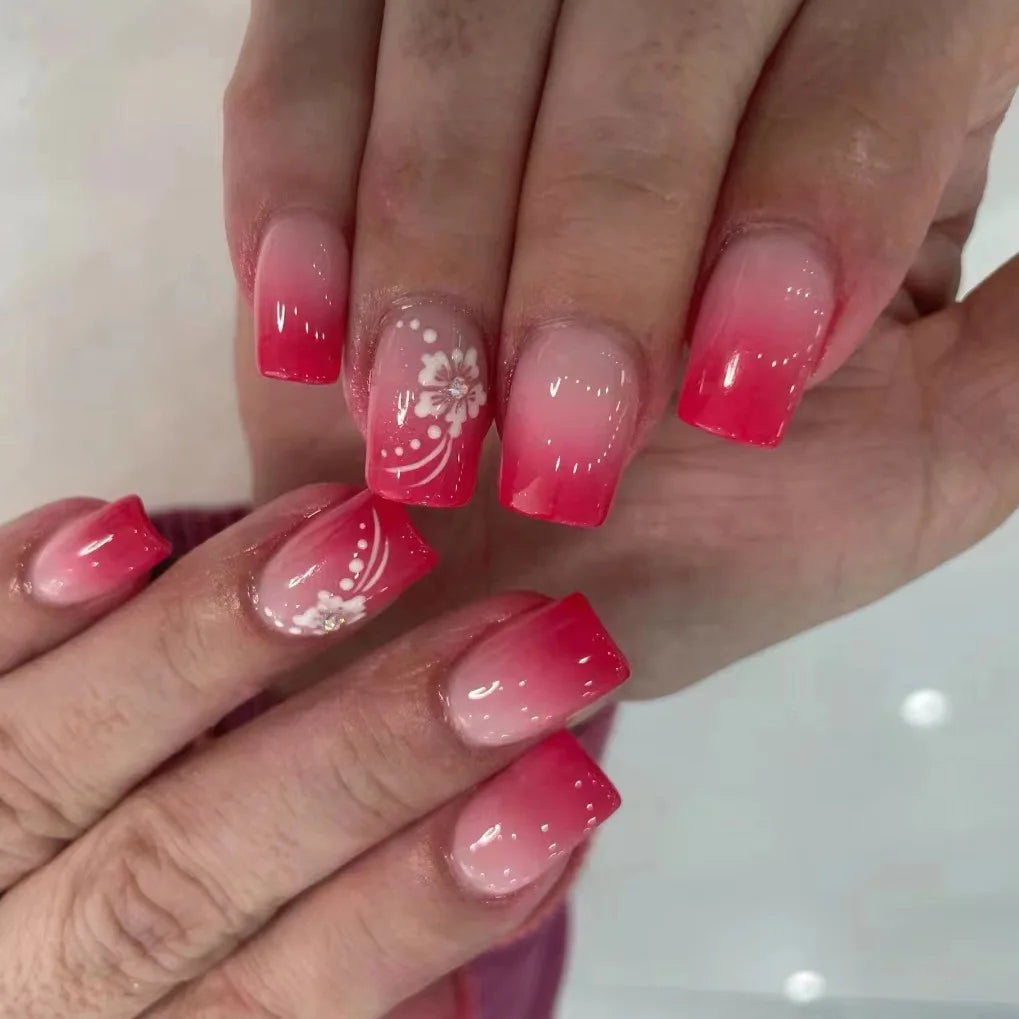 Pink French Style False Nails White Flower Printed Short Square Head Press on Nails Simple Wearable Artificial Nails Art 24Pcs