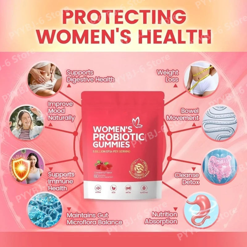 Women's Probiotic Gummies–5 Billion CFUs Cranberry Flavor 60 Gummies Supports Digestive Health & Immune Function Non-GMO Vegan