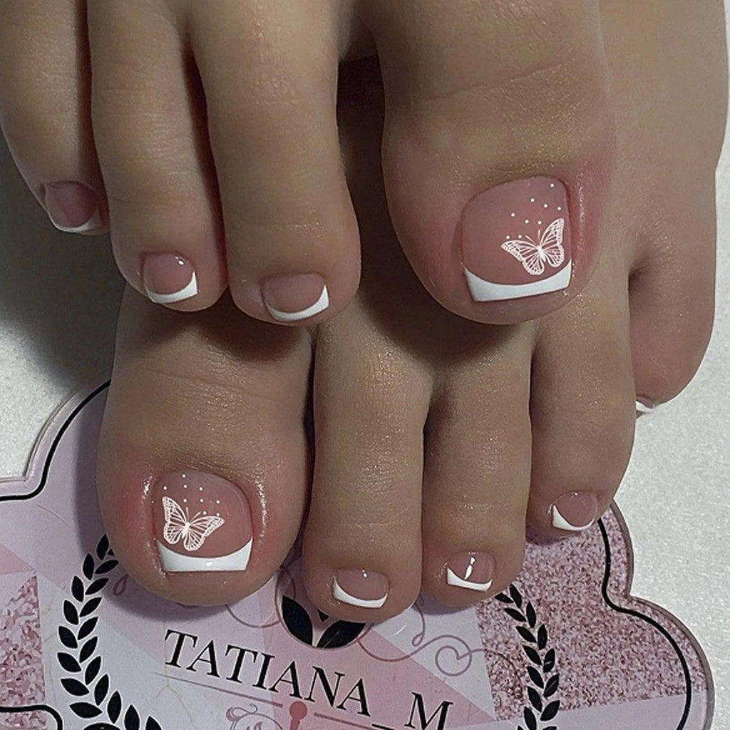 96Pcs/Box French Fake Toenails Butterfly/Flower Design Short Square  Press On Toenail Glossy Full Cover False Toe Nail Extension