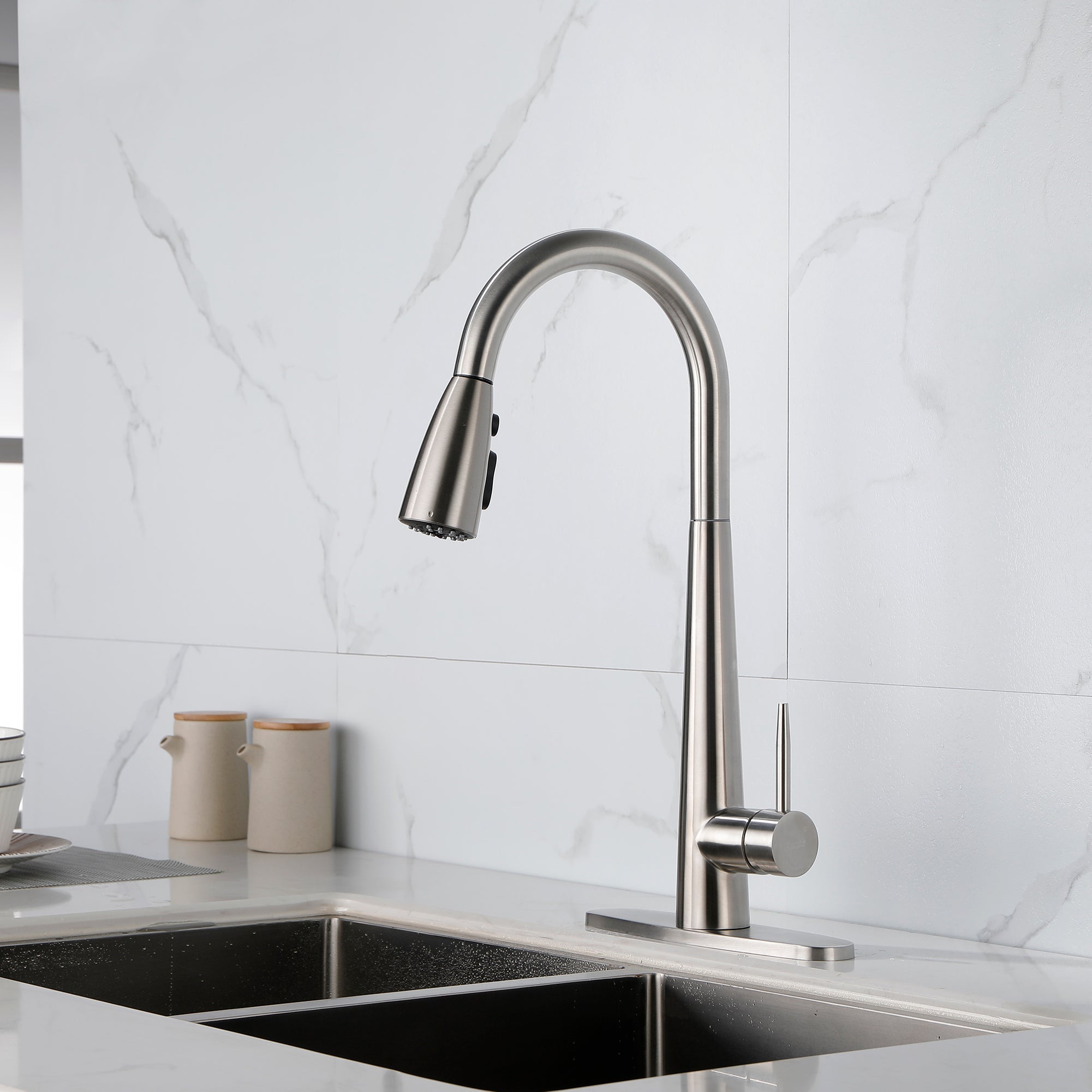 High Curvature Single Handle Kitchen Sink Faucet With Deck, Commercial Modern Stainless Steel Kitchen Faucet